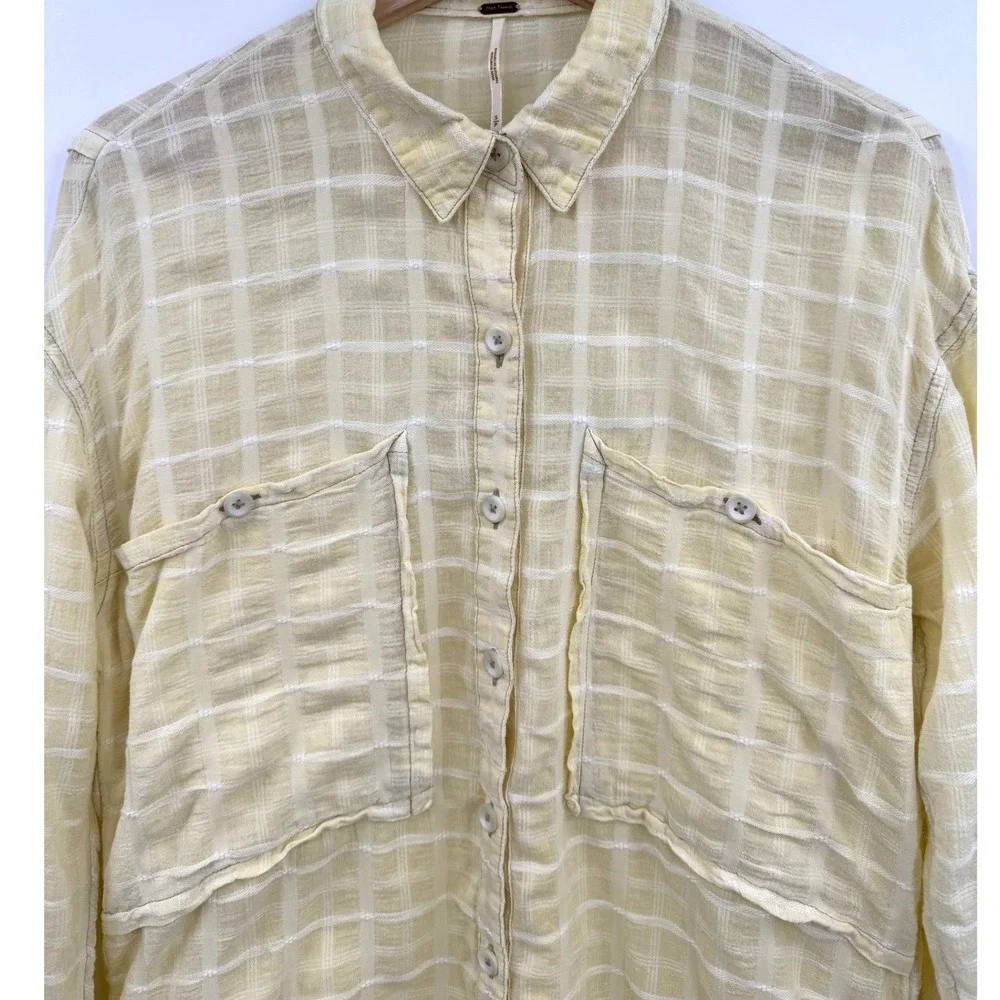 Free People Womens S Butter Yellow Loveland Windowpane Shirt Gauzy Cotton Casual